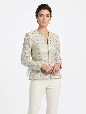 Liancarlo Silk Cream Textured Zip Blazer
